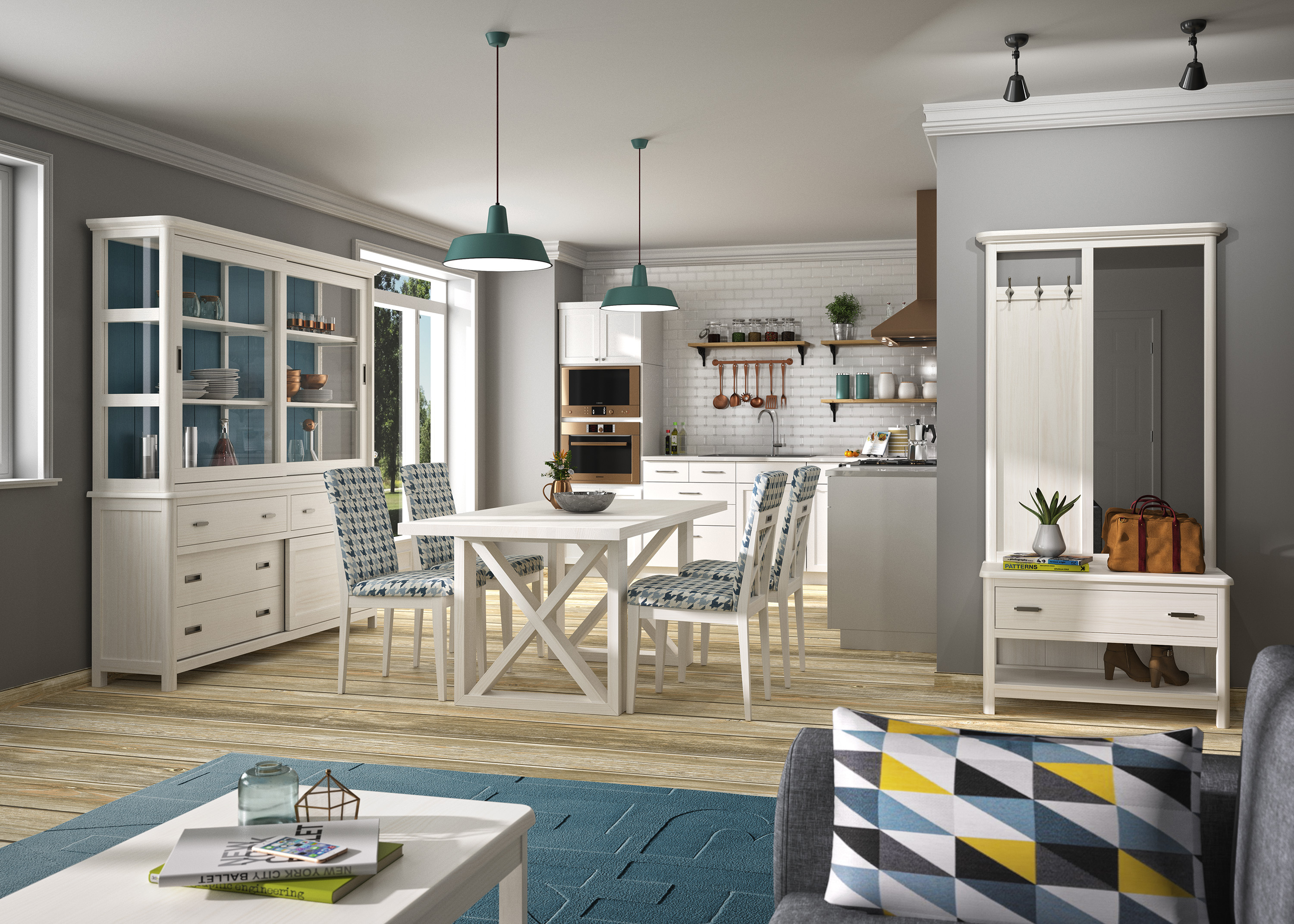 Vitrina puertas correderas, Mesa de comedor, Recibidor, Sillas tapizadas